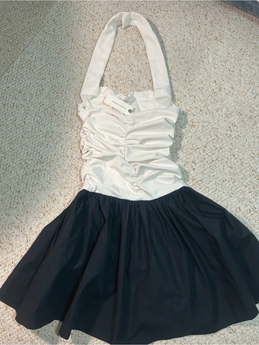 Anthropologie Two-Tone Ivory and Black Ruched Halter Mini Dress